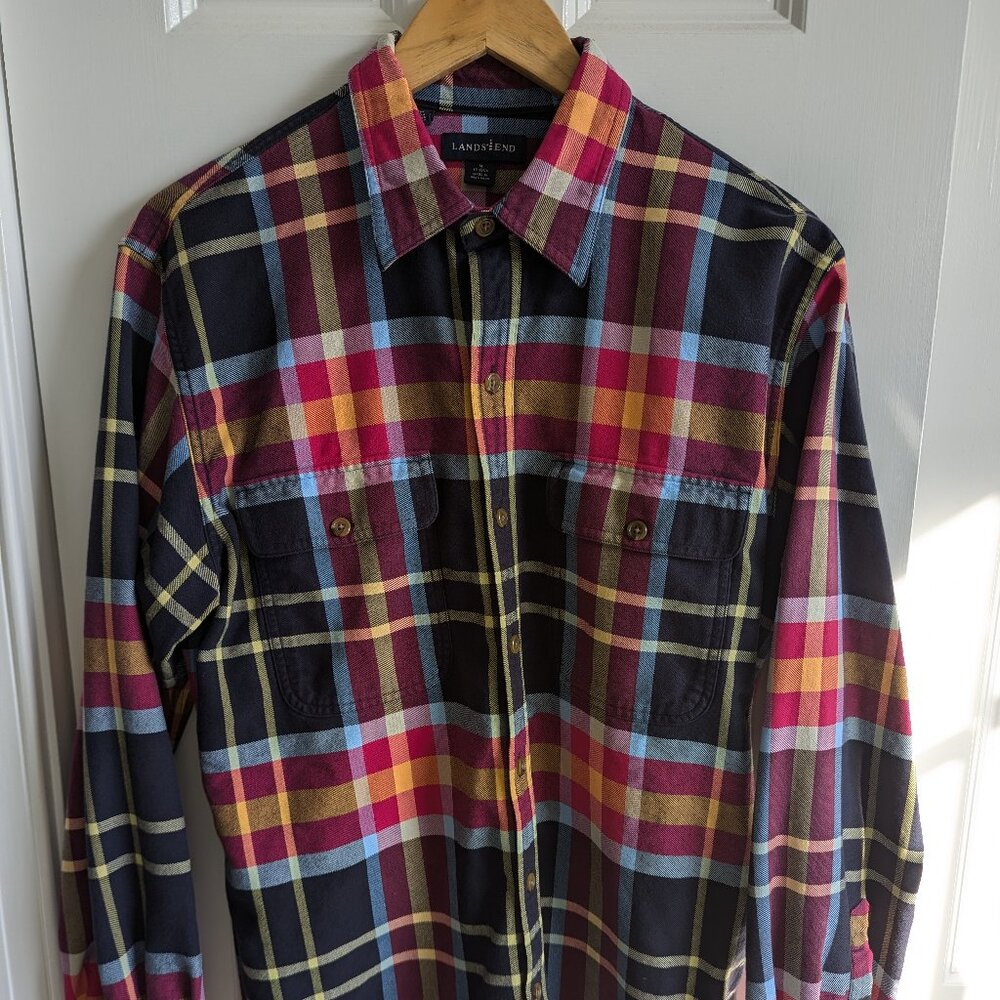 Vintage Land's End flagship flannel, navy, burgundy, goldenrod, medium 15"-15.5"